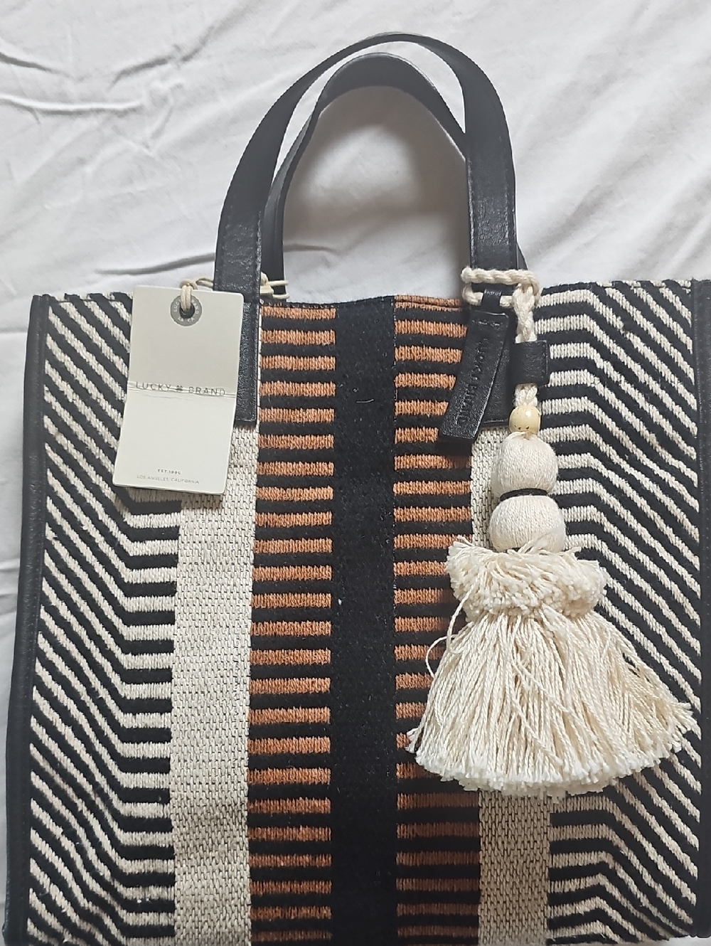 Lucky Brand Black, Cream & Brown Woven Tote with Tassel